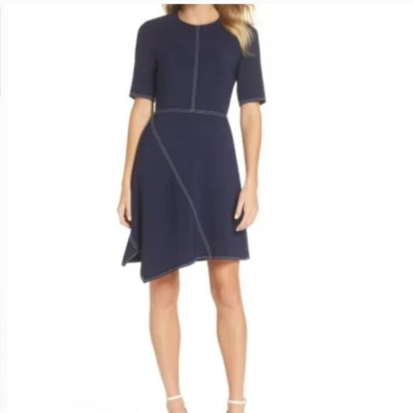 NWT Vince Camuto Laguna Asymmetrical A-Line Dress Size 4 navy blue seamed - Picture 1 of 16